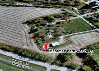 Meramec Barn site Lexington IL color satellite view of fields, trees and buildings, marker shows spot of the Meramec Barn