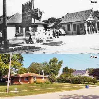Black and white top, 1930s restaurant, staff on sidewalk and gable roof gas station (right), bottom. Same spot nowadays, lawn, trees, and a brick house