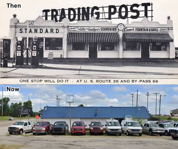 Blakely’s gas station, gift shop and restaurant 1940s black and white 1940s photo (top) of gas station, gift shop and diner and 2 pumps. Bottom: color view same building in 2019