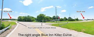90° Blue Inn Killer Curve sharp curve on 4 lane highway, trees and grass