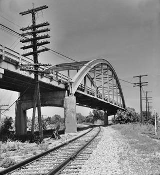 Braceville steel bridge US66 Black and white, steel arch bridge and viaduct crossing tracks
