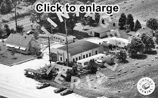 cabins and cafe 1975 aerial view Black and white, 1975 former cafe and cabins on a crossroads on US 66