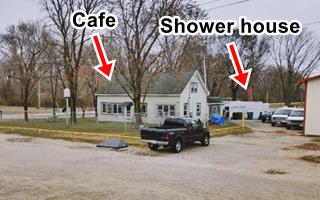 color, gable roof cafe left, cement block shower house right seen from US66