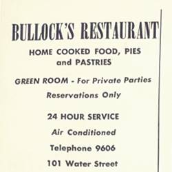 Bullock Restaurant advert black and white 1950s ad with text