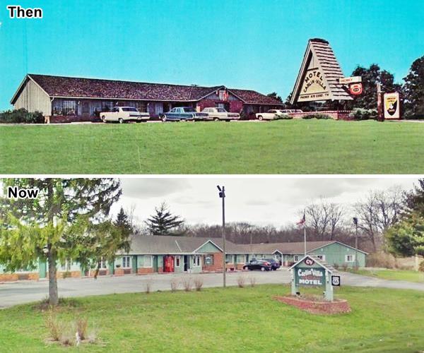 composite image: top a 1970 postcard with cars facing a single floor gable roof motel. Bottom: same view nowadays, more wings added to the property