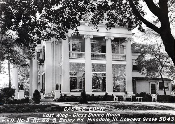 Castle Eden, Darien, c.1930s US66 Illinois black and white 1930s building with 2 stories, white stone, columns, a replica of the White House