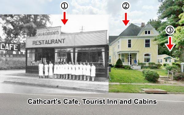 on the left a 1930s black and white photo of a cafe with staff in front of it, 
next a current view of a yellow 2-story gable roof Victorian house and a cabin in the far left. Trees behind, sidewalk and US66 in front