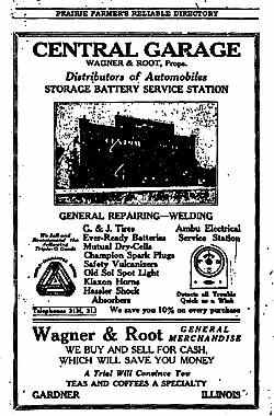 1917 Wagner and Rot ad black and white, 1917 advert in a Farmer Almanac, shows building and text of Wagner and Root Store - Garage