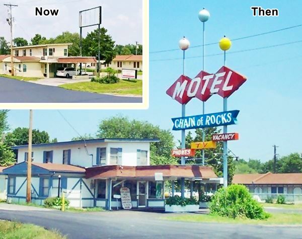 composite of current view and older view of a gable roof motel and its colorful classic neon there and then, gone 