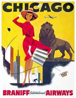 Chicago 1960s ad painted ad, woman, plane, lion statues, skyscrapers, yellow sky. Chicago