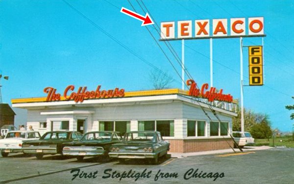 early 1960s postcard, coffehouse and Texaco sign