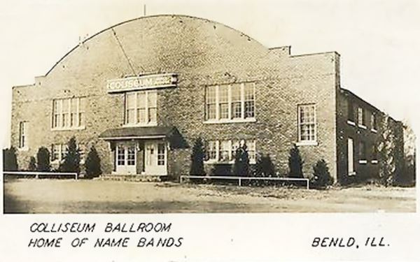sepia postcard of the Coliseum Ballroom captioned "Colliseum Ballroom Home of Name Bands"