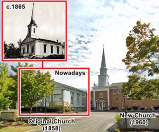 color view church, white steeple, red brick building and, left, white gable roof building the original church, an inset (top) black and white view of the old church in the 1860s
