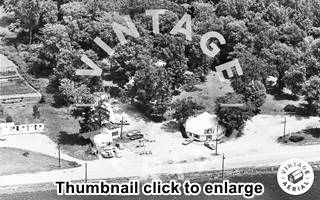 black and white aerial photo, forest, cafe, motel and gas station facing US 66 in 1968