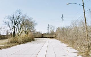 abandoned stretch of road flanked with trees, train crossing in the background
