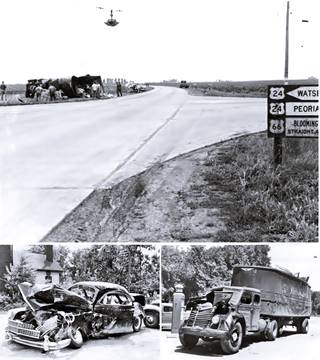 Deadly US 66 & US 24 crossing, Chenoa, 1949 Black and white, 1949 image with, Top: crossroads with US 66 and 24 signage, truck and car crashed upper left. Bottom left, crashed car, Bottom right: crashed truck