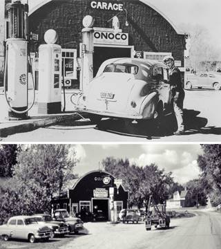 Black and white two views of a garage with Conoco signs, one shows highway running in front of it. The other a man by 3 pumps attending a car c.1940s