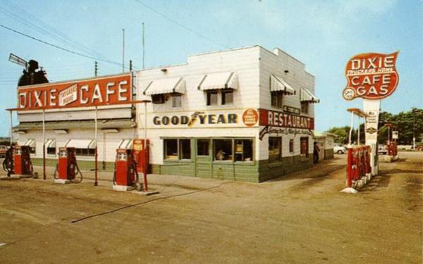 McLean Dixie Cafe and gas 1940s postcard US66 silhouette in McLean Illinois color 1950s postcard cafe 2-story, red gas pumps, red sign reads CAFE GAS