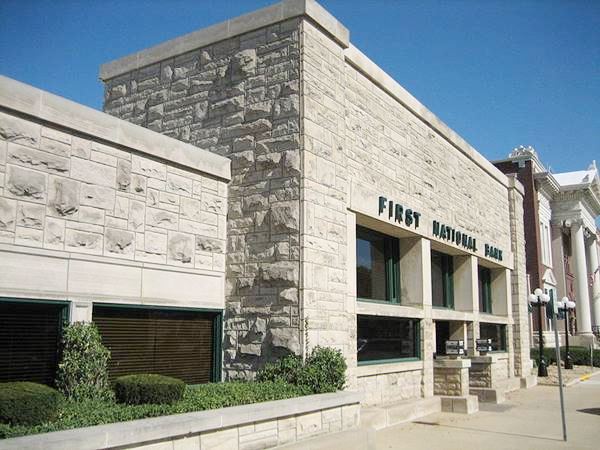 Stone facade of the Frank L. Smith Bank in Dwight Route 66
