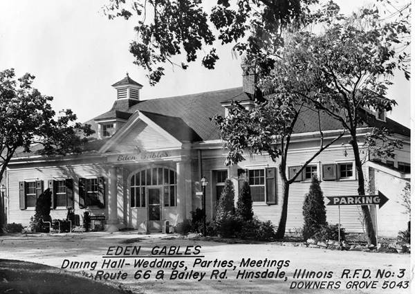 Eden Gables, Darien, c.1930s US66 Illinois black and white 1930s woodframe building, trees, porch. A dining and receptions hall