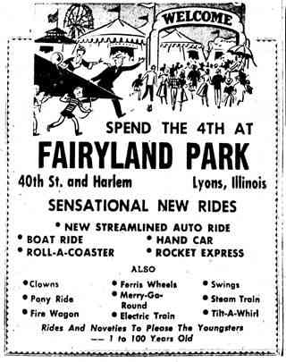 Fairyland advert 1953 black and white newspaper ad from 1953, image of people entering an amusement park, drawn, and text