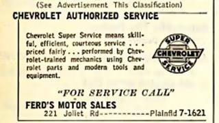 Ferd’s garage 1954 ad Black and white, 1954 ad in phone directory of Ferd’s Chevrolet dealership and garage, text and logo