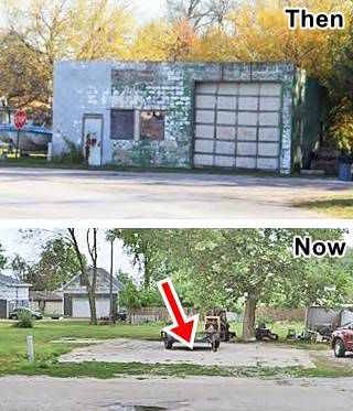 now and then view Atlanta gas station color; top: 2012 view box-shaped garage, bottom: same spot 2023, only foundations remain