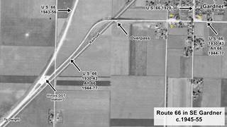 Aerial photo of Gardner c.1945-55 black and white, aerial photo of Gardner, streets, homes, fields, highways with added descriptions of some landmarks