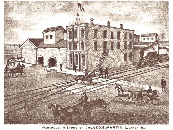 Gaylord Building c.1850s Lockport IL sepia tone 1860s street scene with stone building G.B. Martin, carriages drawn by horses and buildings