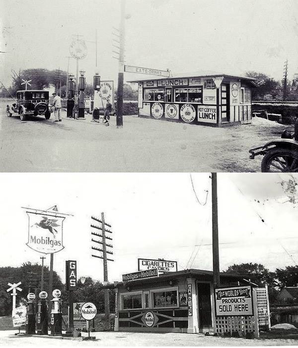 two views of same building, a box shaped, tiny gas station wit 3 pumps c.1920s and 1930s cars and people