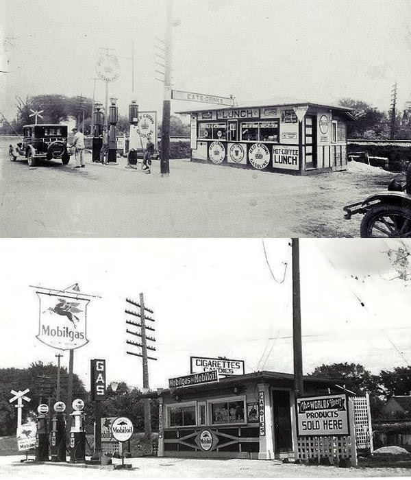 Goley’s service station in Dwight IL US66 two views of same building, a box shaped, tiny gas station wit 3 pumps c.1920s and 1930s cars and people