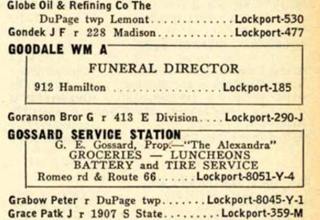 Gossard Serv. Station phone book entry 1940 telephone directory text of Gossard Service Station