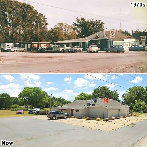 Restaurant with parking area, in 1970 (top) and nowadays (bottom). Highway 66 runs in front
