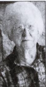 Gussie Keller portrait black and white, woman middle aged, white hair, glasses