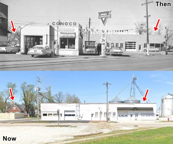 black and white 1950s photo and current view of same spot, gable roof house survived and also auto dealership also, a Conoco gas station has gone