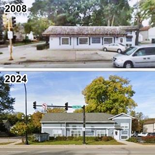 color, top: 2008 view long single story building on a corner, bottom: same view in 2023