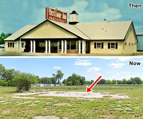 top: 1950s hip roof colonial style bldg. an inn. Bottom: concrete foundations in the grass