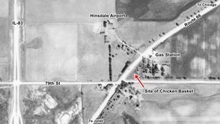 Aerial photo of Hinsdale airport in 1939, Willowbrook 1939 aerial view Route 66, other roads, some buildings, black and white