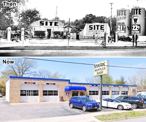 composite of a black and white 1948 photo of a gas station and same spot nowadays color photo- a muffler repair shop
