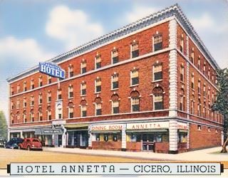 Hotel Annetta, Cicero 4 story red brick building, 1940s cars parked and people, color linnen postcard