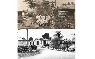 black and white, two views of a tourist court cabins, with octogonal shape