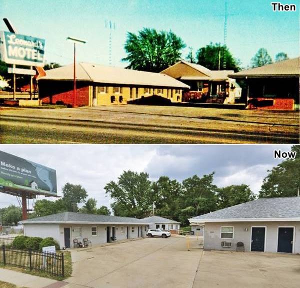 Leonard’s Motel Springfield Then and Now top: color 1950s postcard gable roofed motel units, bottom: same view in 2023