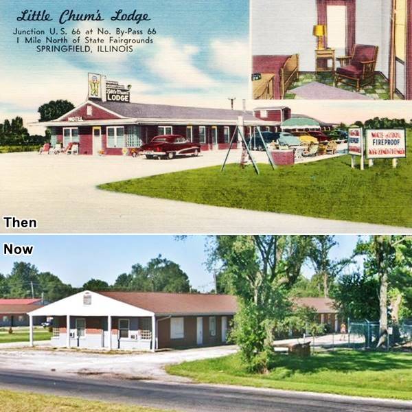 Little Chums Motel then and now US66 Springfield top: 1950s postcard single story long gable roof motel with car, signs. Bottom: same building in 2023