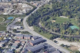 color 3D satellite photo, buildings, roads, river, trees in 2023