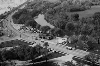 1940s aerial view Lyons black and white aerial photo, buildings, roads, river, trees c.1940s