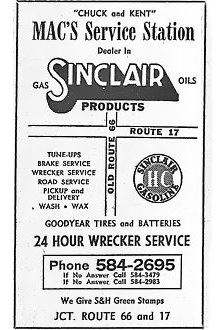 Mac Sinclair advert 1962 1962 text ad in phone directory of Macs Sinclair, US66 Dwight