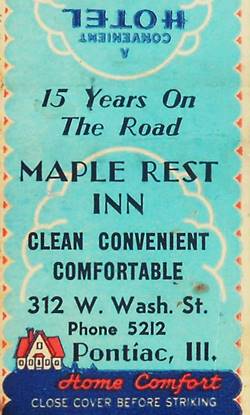 Maple Rest Inn matchover 1940s, Pontiac matchcover, blue with white and red, 1940s