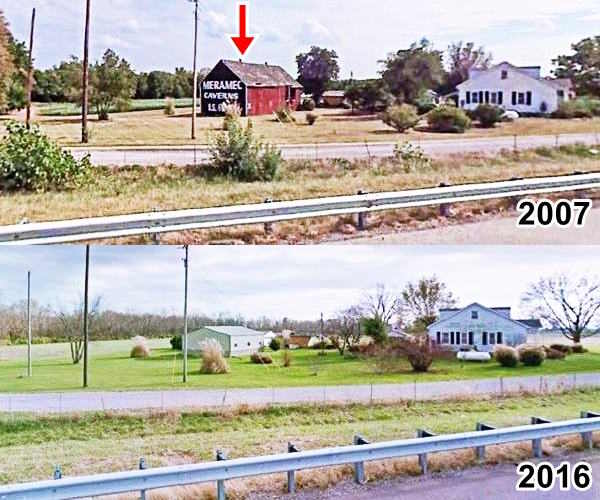composite image of the Meramec barn sign in 2007 and today-gone, field, trees, farm house, barn