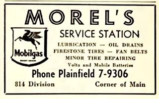 Morel Mobil station 1954 ad Black and white, 1954 ad in phone directory of Morel’s Mobil gas station, text and Mobil logo