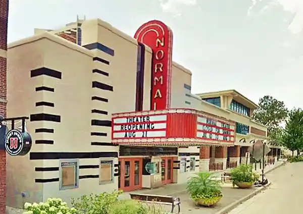 facade with red neon sign, Normal Theater